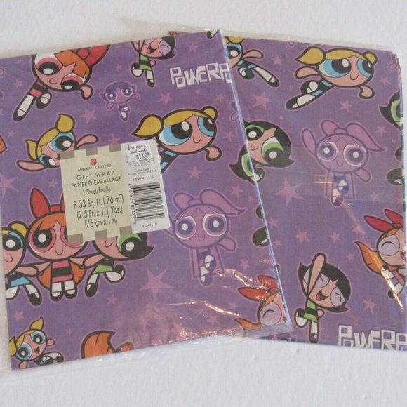 Vintage Gift Wrap Paper Power Puff Girls America Greetings Sealed Lot of 2 NOS - Picture 1 of 3